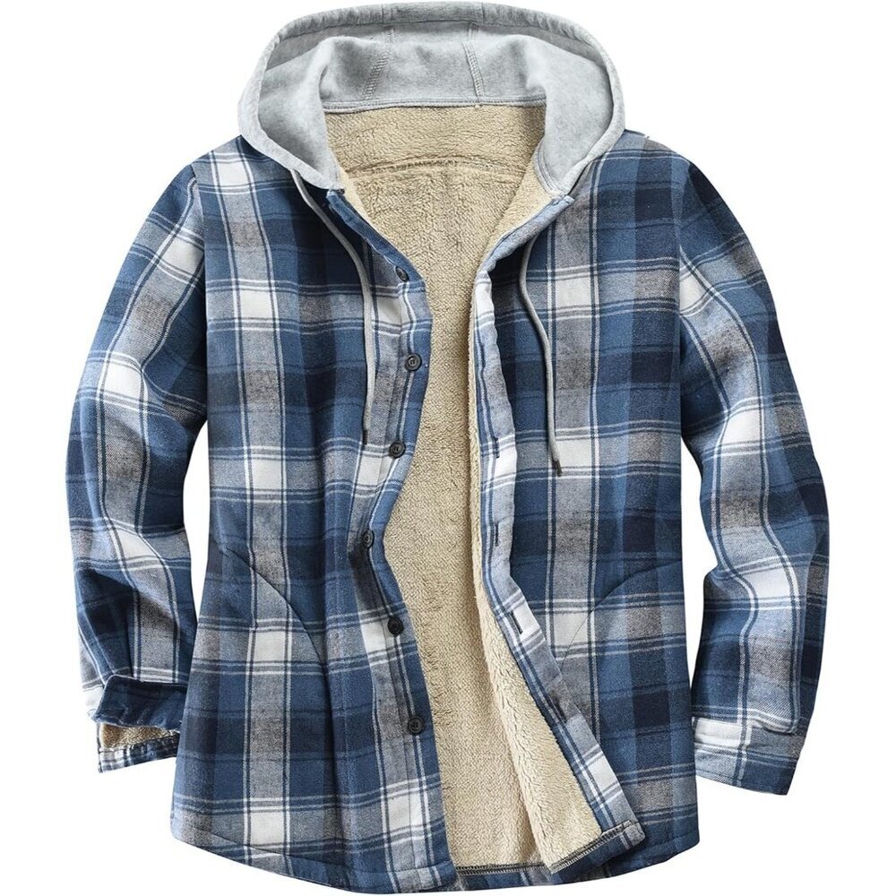Men's Blue Block Cotton Plaid Fleece Lined Flannel Shirts Button Down Jackets